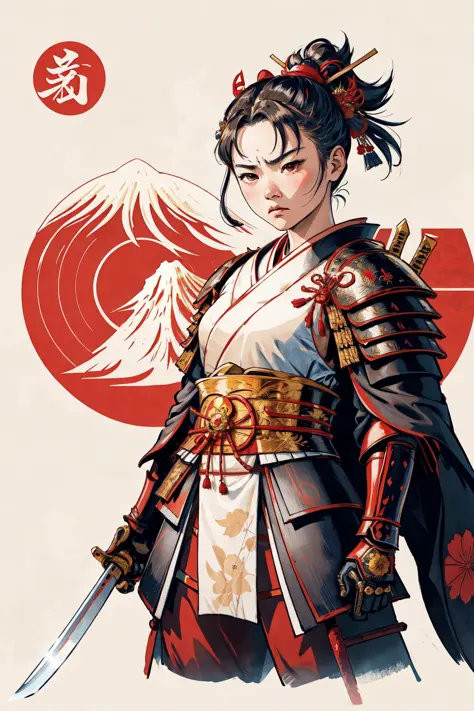 1 girl, angry face,  kimono,   japanese samurai armor,     japanese traditional style ,(waving katana) ,over the shoulder view,  fuji mountai, sun 
, negative space,       simplified,  floral
(comic style), (colored line art)   <lora:EABA_v1:0.4> pureerosf...