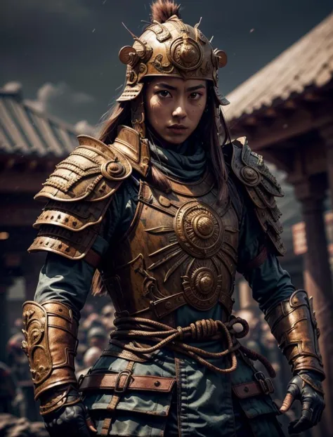 photorealistic, high quality, highres, extremely detail, dramatic lighting, 1girl, female, dutch braid, cleavage armor, waist robe, war background, eaba 