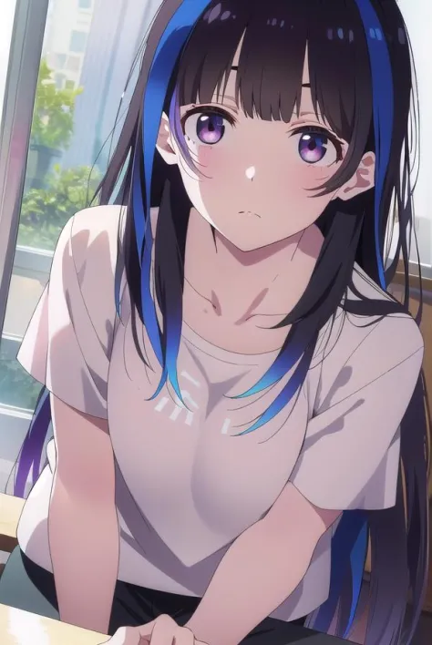 miniyaemori, mini yaemori, long hair, bangs, black hair, blue hair, (purple eyes:1.1), multicolored hair, blunt bangs, streaked hair, ahoge,
BREAK shirt, white shirt, short sleeves, clothes writing,
BREAK looking at viewer,
BREAK indoors,
BREAK (masterpiece:1.2), best quality, high resolution, unity 8k wallpaper, (illustration:0.8), (beautiful detailed eyes:1.6), extremely detailed face, perfect lighting, extremely detailed CG, (perfect hands, perfect anatomy),