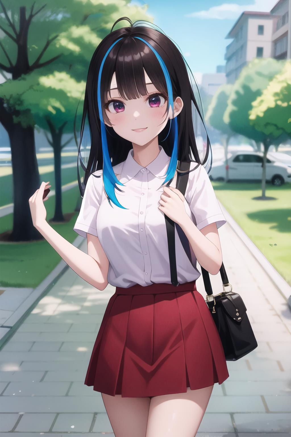 Anime girl with blue hair and a white shirt and red skirt - SeaArt AI