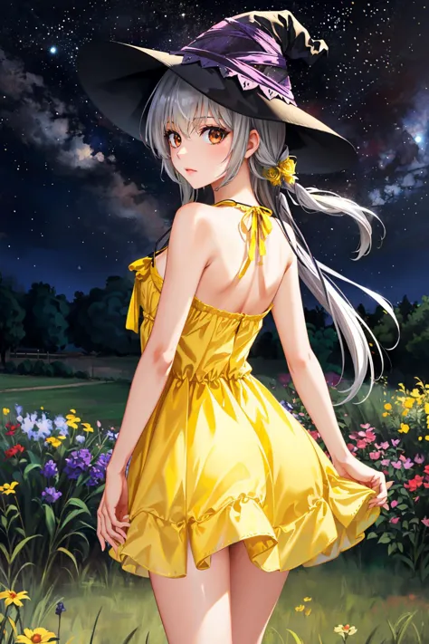 a woman in a yellow dress and a hat standing in a field