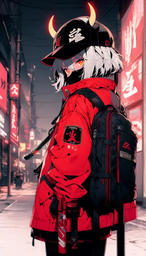 weapon, horns, sword, solo, katana, jacket, 1girl, gloves, red jacket, bag, short hair, sheathed, sheath, hat, looking at viewer...