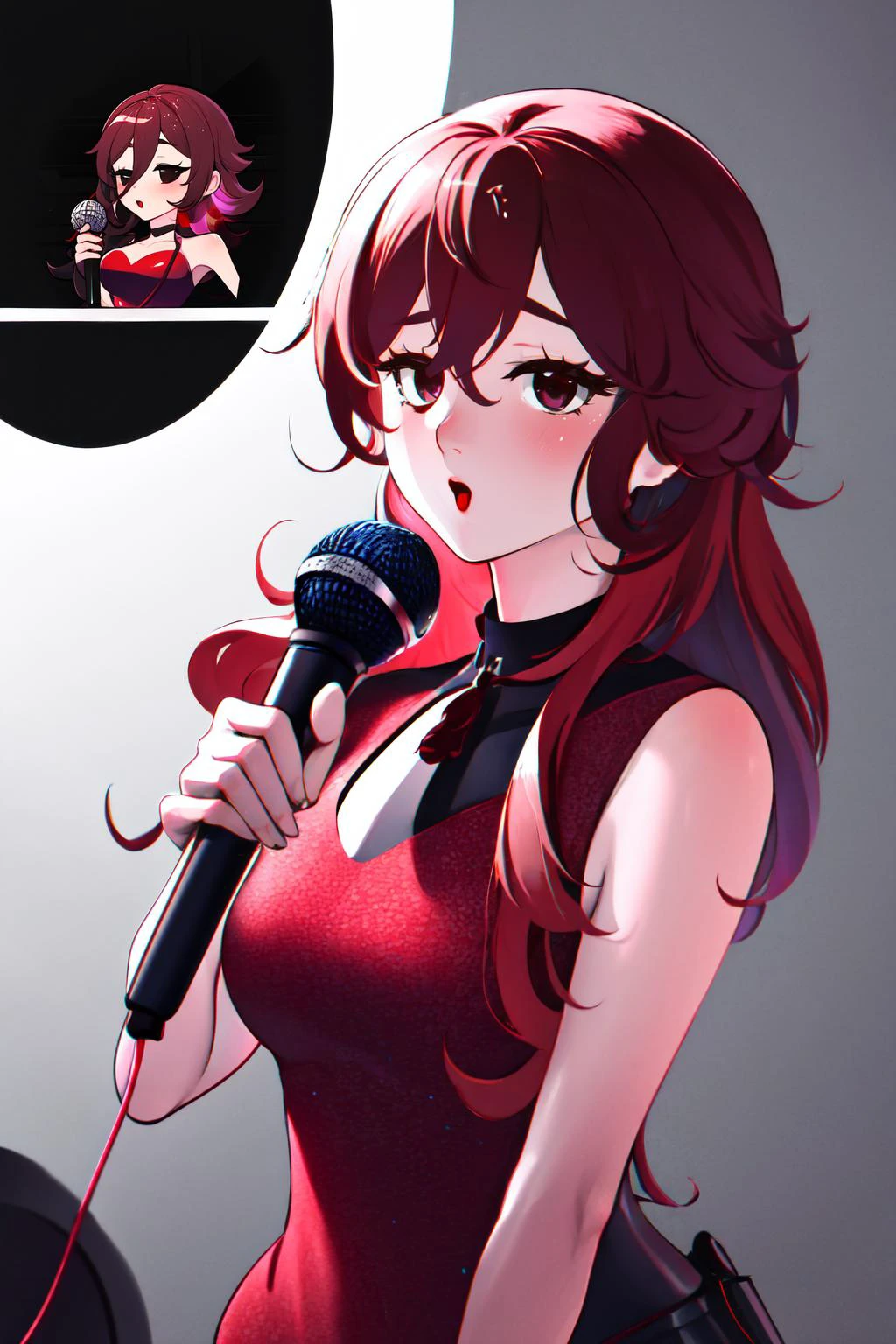 Highly detailed, High Quality, Masterpiece, beautiful, GenshinStickerRedraw, 1girl, solo, Girlfriend, holding, microphone, holding microphone