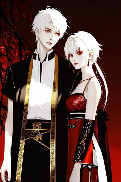 red background, one dry tree, sunlit, lights and shadows, 1girl, 1boy, top body, she is white short hair and gold earrings and red eyes and is wearing black see-through dress shirt, he is white long hair and wearing black West vest with gold patterns