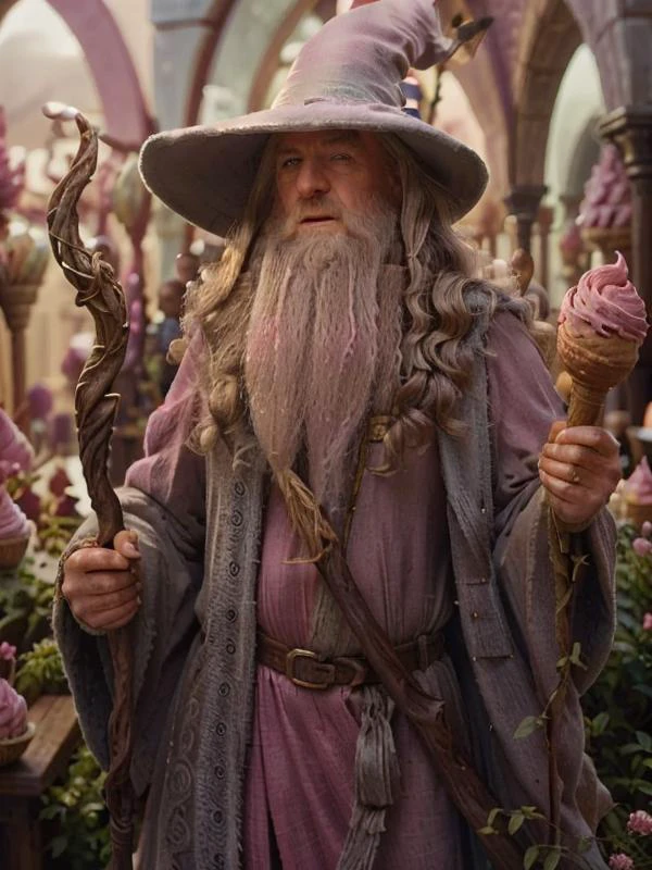Barbie Gandalf, happy smile, (best quality:1.5), highly detailed, (perfectly drawn face three radiant eyes), masterpiece, dramatic photo, upper body showing, pink clothes, beard, hat, staff in hand, far shot, realistic, RAW photo, amateur, masterpiece, 3d, cinematic lighting,  gandalf GelatoStyle, pink theme