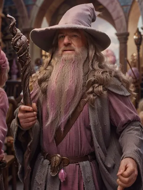 Barbie Gandalf, happy smile, (best quality:1.5), highly detailed, (perfectly drawn face three radiant eyes), masterpiece, dramatic photo, upper body showing, pink clothes, beard, hat, staff in hand, far shot, realistic, RAW photo, amateur, masterpiece, 3d, cinematic lighting,  gandalf GelatoStyle, pink theme