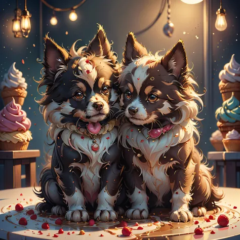 there are two dogs sitting on a table with cupcakes in the background