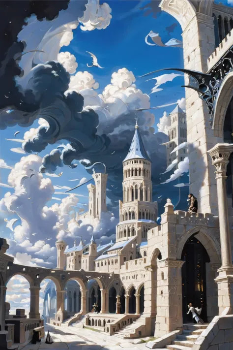 a painting of a castle with a clock tower and a sky background