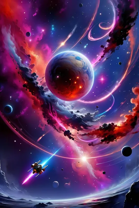 a space scene with planets and a spaceship flying through the sky