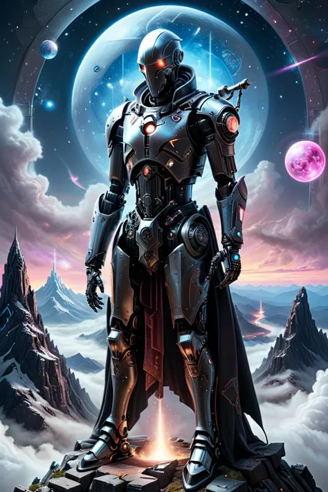 a man in armor standing on top of a mountain with a moon in the background