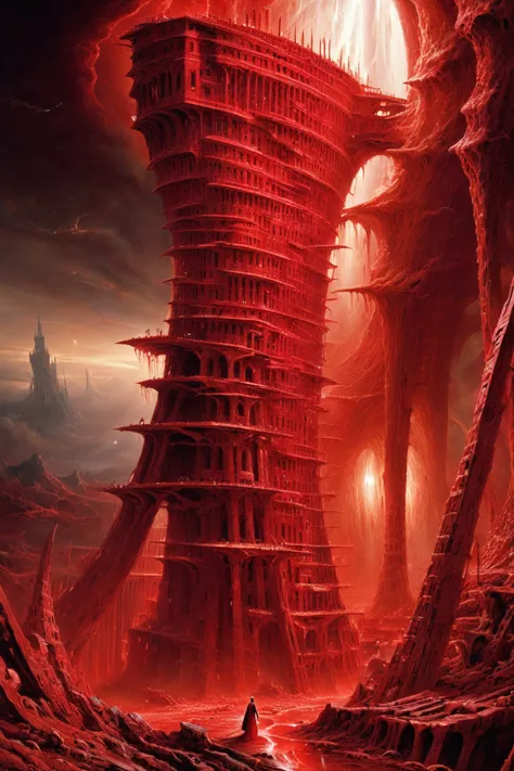 a red tower with a man standing in front of it