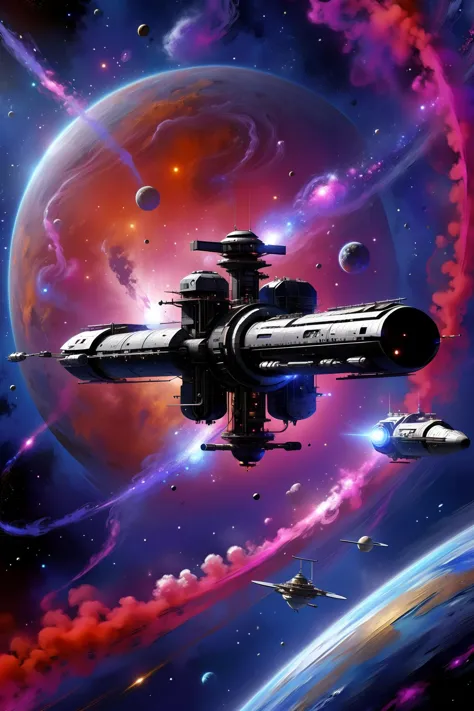 spaceships in outer space with planets and stars in the background