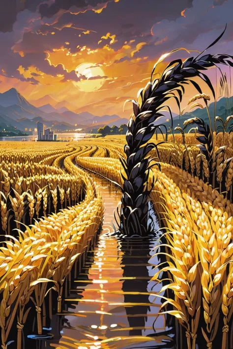 a painting of a field of wheat with a sunset in the background