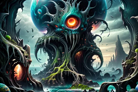 a close up of a giant alien tree with a giant eye