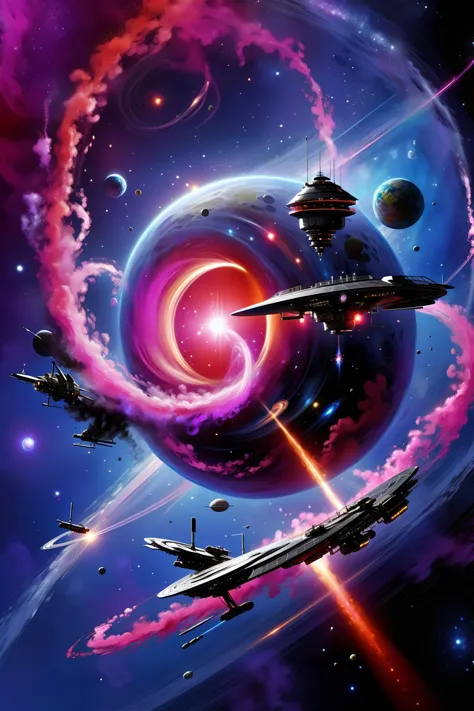 a group of spaceships flying through a galaxy with a spiral