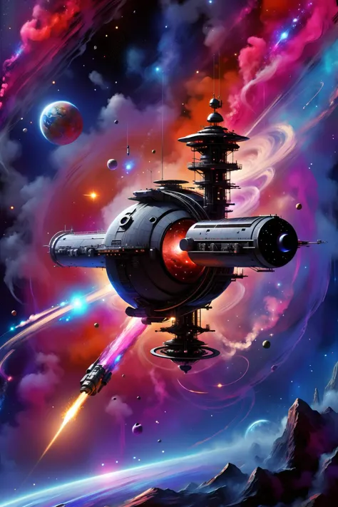 a painting of a spaceship flying through space with a spaceship in the background