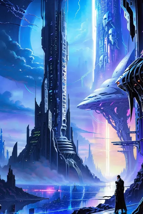 futuristic city with a giant alien spaceship in the distance