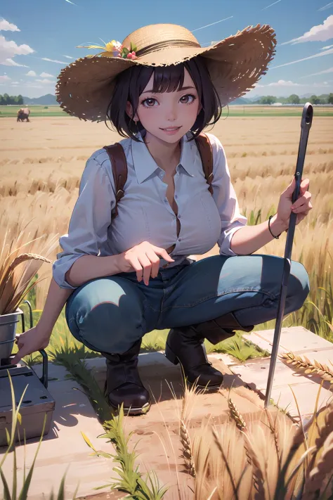 masterpiece, best quality,1girl,young girl,brown eyes,short hair,evil smile,shiny skin,(nice leg line:1.3),thick thighs,thin waist,huge breasts
BREAK
Farmer, A simple cotton shirt and pants, worn leather boots, and a wide-brimmed straw hat. Dirt stains cover the clothes and hands, A vast golden wheat field under a clear blue sky, The farmer is harvesting the ripe wheat with a scythe, Swinging the scythe in a rhythmic motion, expertly cutting down the wheat stalks, A content and satisfied smile, expressing pride in their hard work and the abundance of the harvest.
BREAK
, Jazz_club,,crowd,depth of field,looking at viewer,squatting,from above,full body,legsupsexms