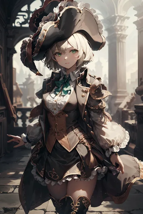 masterpiece, best quality, baroqueAI,
1girl, solo, medium breasts, white hair, green eyes, standing, looking at viewer,
(tricorne:1.3), collared shirt, vest, blue coat, black thigh boots, skirt, 
outdoors, 
intense shadow, sidelighting, <lora:baroqueAI:0.8>