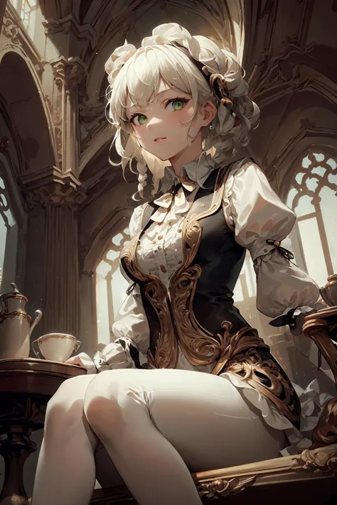 masterpiece, best quality, baroqueAI, from below, 
1girl, solo, medium breasts, white hair, braid, green eyes, sitting, looking at viewer, 
collared shirt, black vest, long sleeves, white leggings,
indoors, baroque architecture, 
sidelighting, <lora:baroqueAI:0.8>