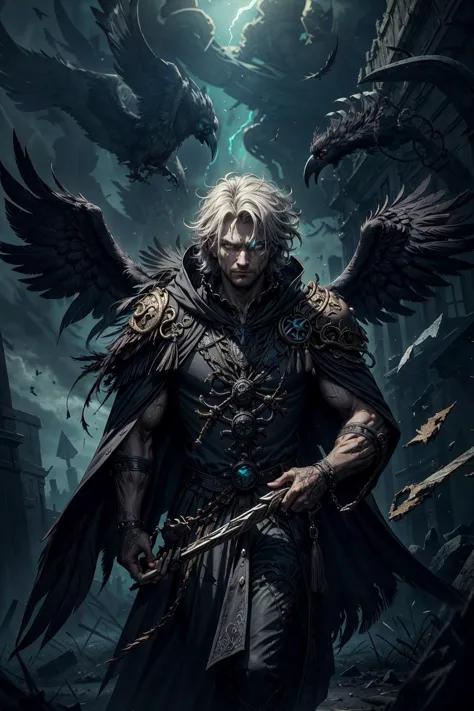 a man with wings and a sword standing in front of a demon