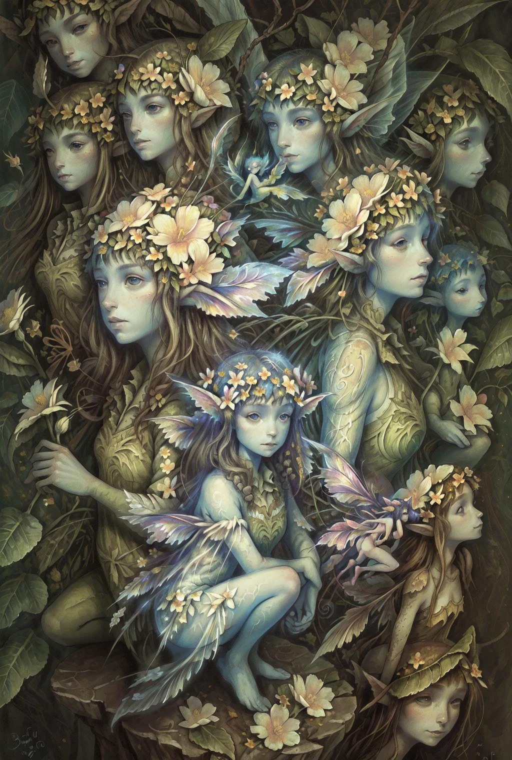 masterpiece, best quality, BrianFroudStyle, multiples faeries, flowers, 
