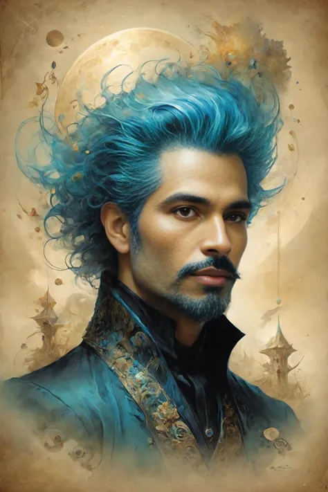 a painting of a man with blue hair and a beard