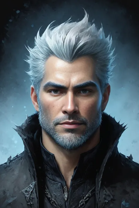 a man with white hair and a beard in a black jacket