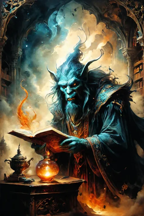 a painting of a blue demon reading a book in a library