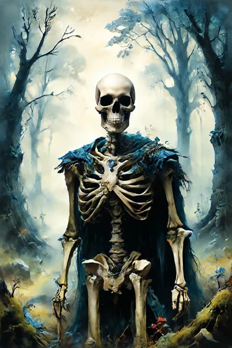 a painting of a skeleton in a cloak and cape standing in a forest