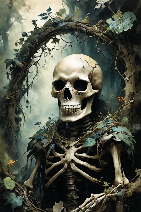 Detailed digital portrait of a  <lora:RPGSkeletonXL:0.7> skeleton at a Tangled vine-covered ruins in jungle, <lora:Ethereal_Grace:0.7>,  <lora:ParchartXL-1.5:0.7> on parchment