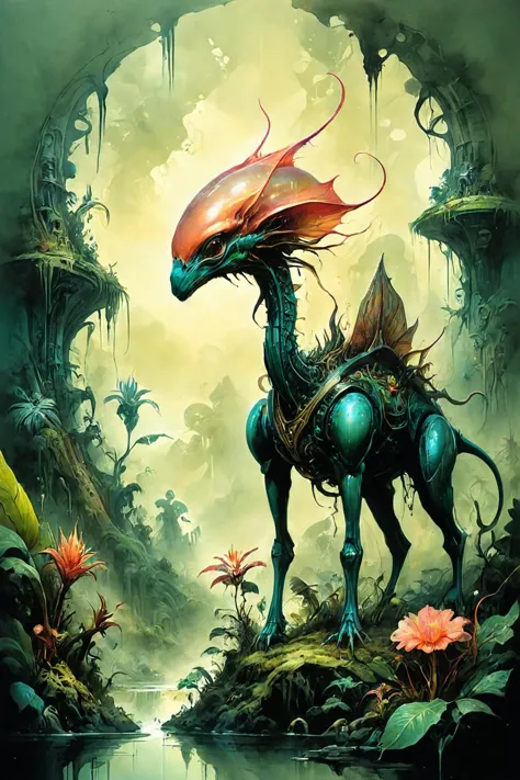 Detailed digital illustration a Bioengineered chimeras roaming alien landscapes at a Jungle planet with levitating flora, <lora:...