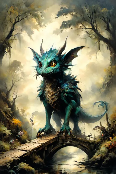 a painting of a dragon standing on a bridge in a forest