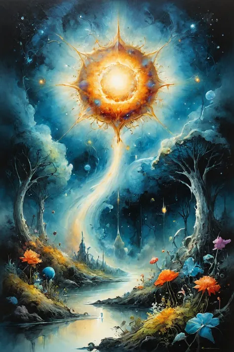 a painting of a sun in the sky above a river