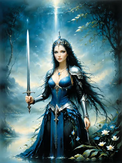 manos perfectas, tela detallada, señora del lago, leyenda artúrica, obra de arte famosa de (amandine van ray:1.2) and luis royo, Una bella joven emerge de un lago, sosteniendo el (reluciente:1.5) espada larga excalibur, elegant, pelo negro extremadamente largo, Llevaba un vestido azul profundo adornado., (terragen:1.2), anillo, (escote bajo:1.2), (nenúfares:1.1), sauce, paisaje onírico, etéreo, brumoso, ultra detallado