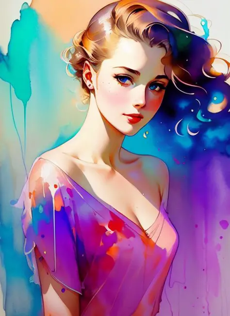 gil elvgren a woman by agnes cecile, luminous design, pastel colours, ink drips, autumn lights