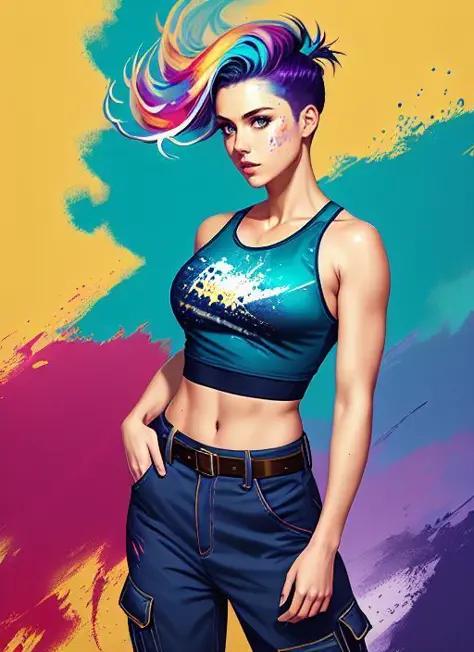 GLEN ORBIK award winning half body portrait of a woman in a croptop and cargo pants with ombre navy blue teal hairstyle with head in motion and hair flying, paint splashes, splatter, outrun, vaporware, shaded flat illustration, digital art, trending on artstation, highly detailed, fine detail, intricate