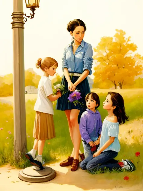 a painting of a woman and two children sitting on the ground next to a pole with a flower on it, by fran�ois quesnel