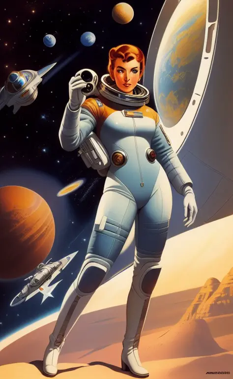 a beautiful female astronaut wearing retro spacesuit, on a terraformed mars where a group of rebels are fighting against a tyran...