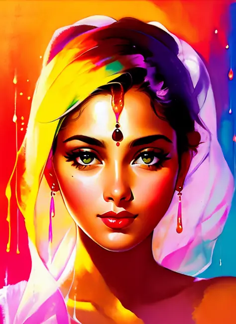 GLEN ORBIK, EARLE BERGEY, ROBERT MAGUIRE, GIL ELVGREN  a beautiful Indian  woman, bapu bomma,  by agnes cecile, luminous design, pastel colours, ink drips, autumn lights