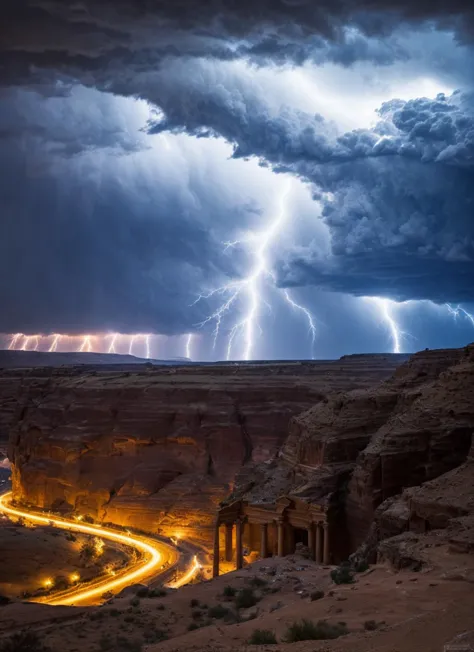 lightning strikes over the canyons and the canyon floor