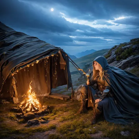 realistic analog photo, award winning photo, 
woman, siting by lit campfire, sulking, drinking from mug, 
 <lora:fantasydruid:0....