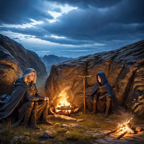 realistic analog photo, award winning photo, 
woman, siting by lit campfire, sulking, drinking from mug, 
 <lora:fantasydruid:0....