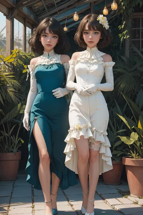 two women in dresses standing next to each other on a sidewalk