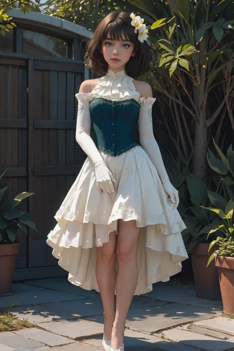 a woman in a white dress and green corset posing for a picture