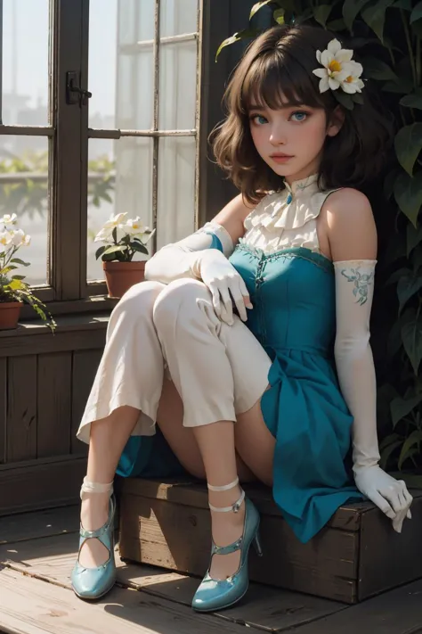 araffe in a blue dress and white gloves sitting on a wooden bench