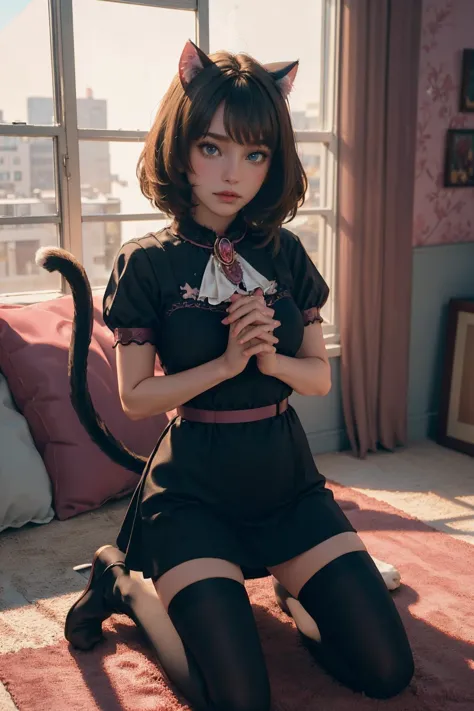 araffe in a black dress and cat ears sitting on a rug