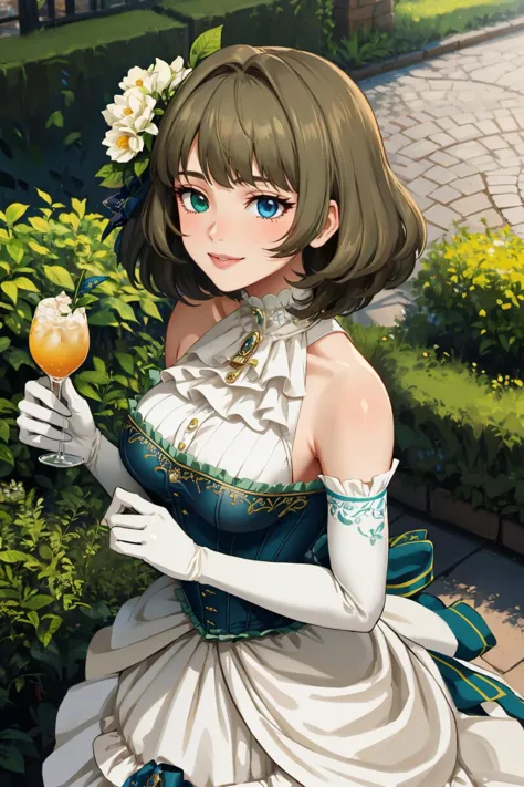 masterpiece, best quality, <lora:kaedetakagaki-nvwls-v1-000009:0.9> lifeKaede, heterochromia, green eyes, blue eyes, hair flower, bare shoulders, victorian dress, green and white dress, white gloves, elbow gloves, large breasts, from above, garden, victorian architecture, smile, holding cocktail