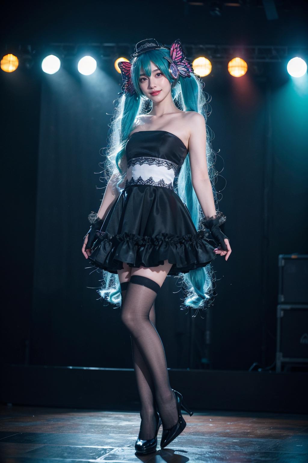 A woman in a black and white dress and stockings on stage - SeaArt AI