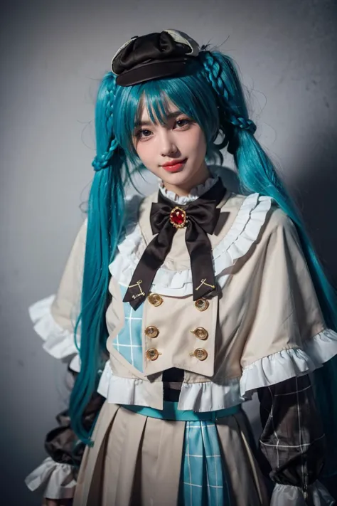 best quality, masterpiece, realistic, photorealistic, 1girl, solo, looking at viewer, smile, standing, cowboy shot, hatsune miku cosplay costume, hatsune miku, cosplay, aqua hair, twintails, very long hair, braid, capelet, long sleeves, skirt, pleated skirt, plaid, frills, bowtie, bow, hat, jewelry, brooch, grey background, <lora:miku_cosplay_detective_v1:0.7>